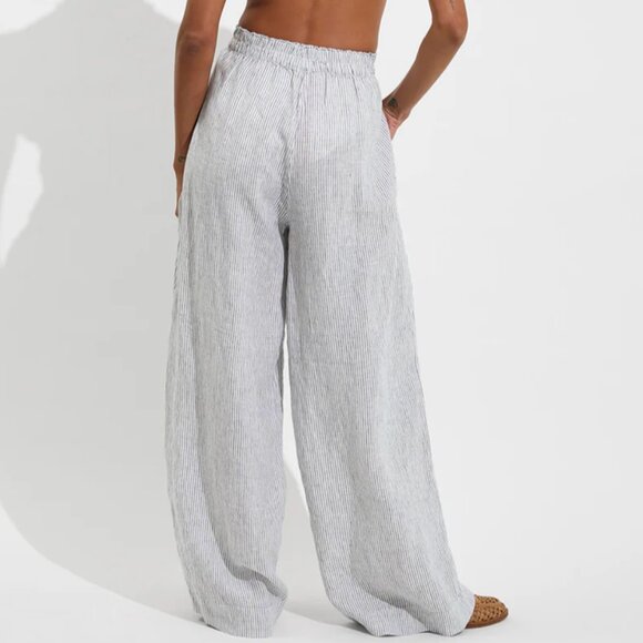 LEFT ON FRIDAY COASTAL PANT 100% LINEN High Rise Elastic Stripe $160 Medium - Picture 3 of 9